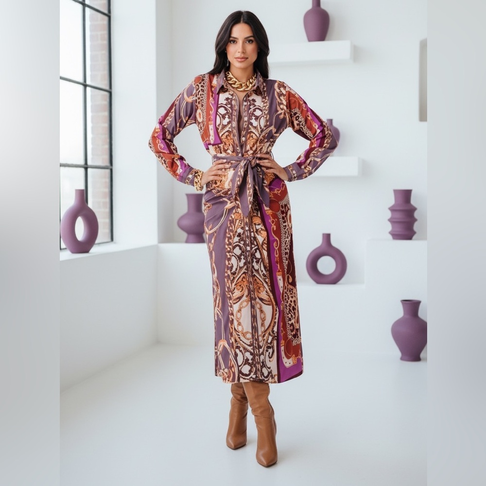 Chic Long Sleeve Dress in Purple and Gold